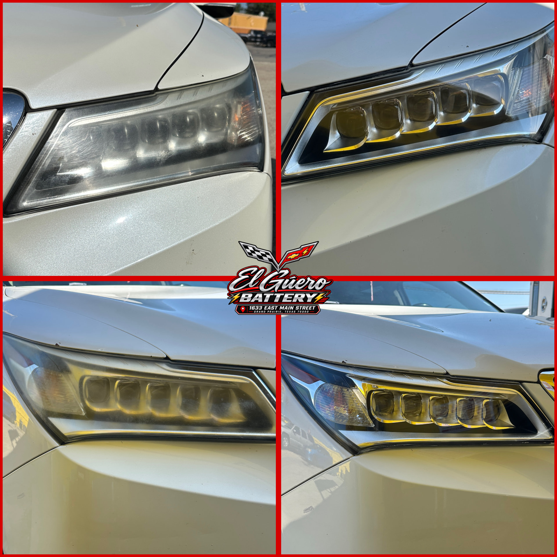 White Acura Jewel Eye LED headlights before and after restoration