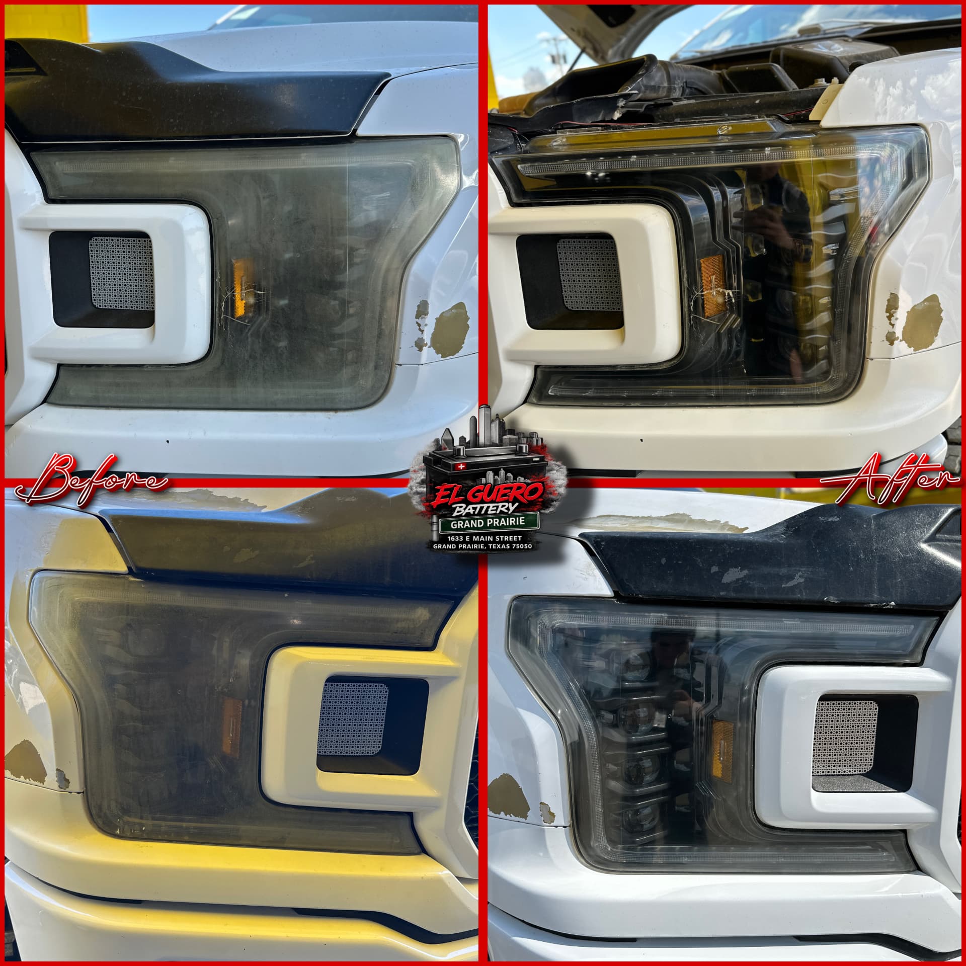 Ford F-150 cloudy headlights before and clear headlights after restoration