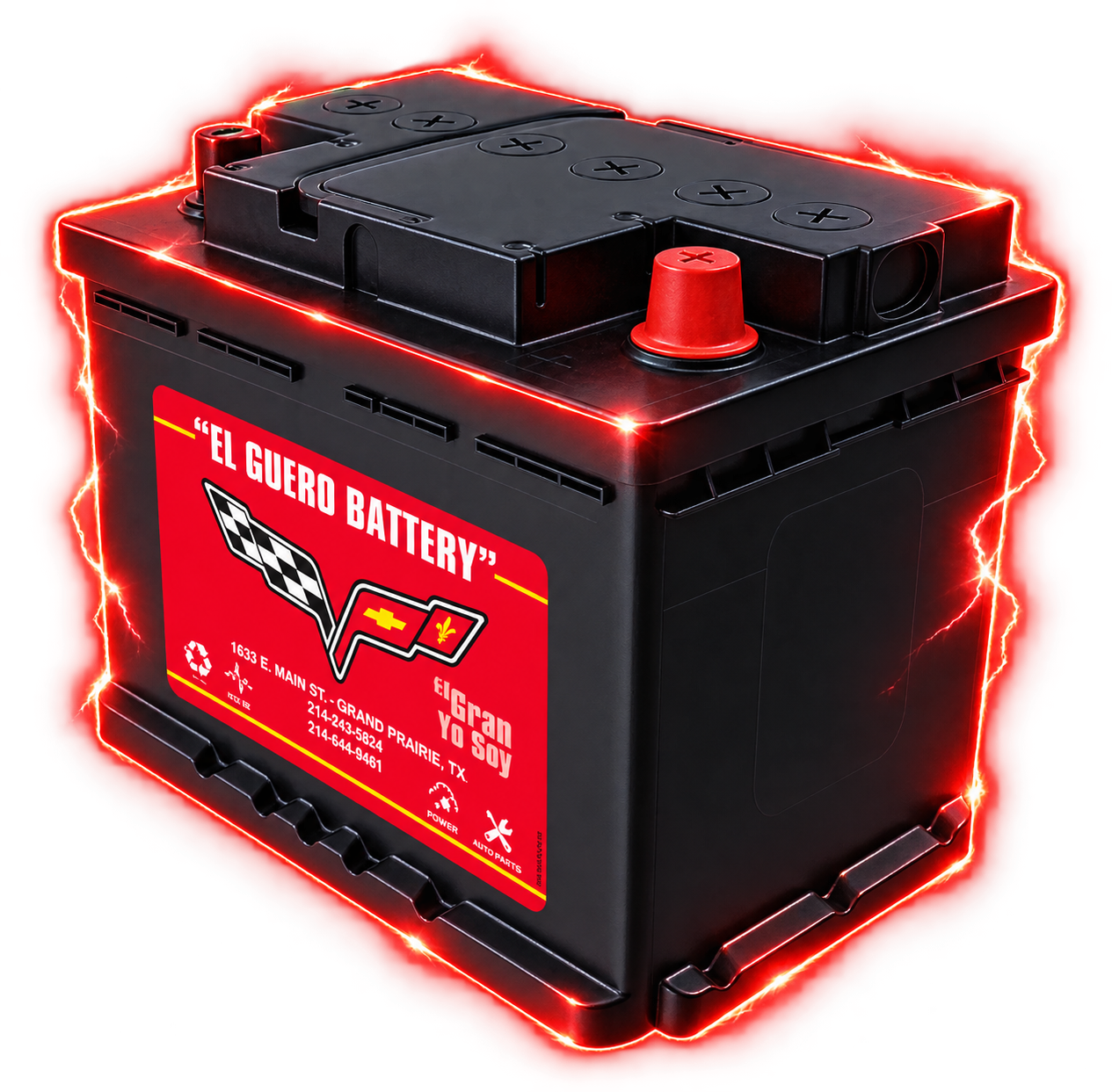 El Güero Battery automotive battery with red power glow